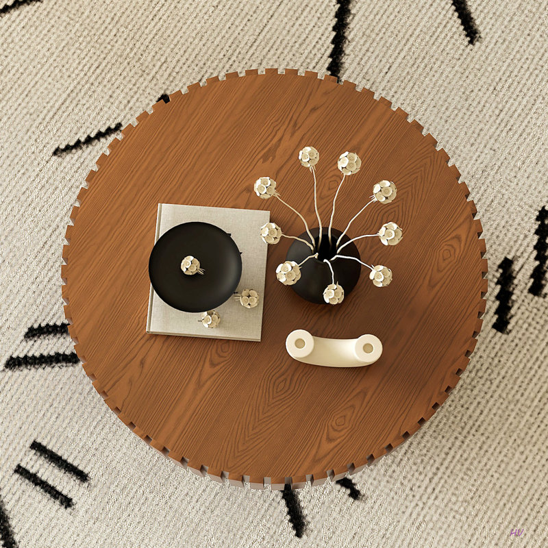 Modern Round Coffee Table, Handcrafted Relief Pedestal Coffee Table, Olive-Shaped Wooden Tea Table for Living Room