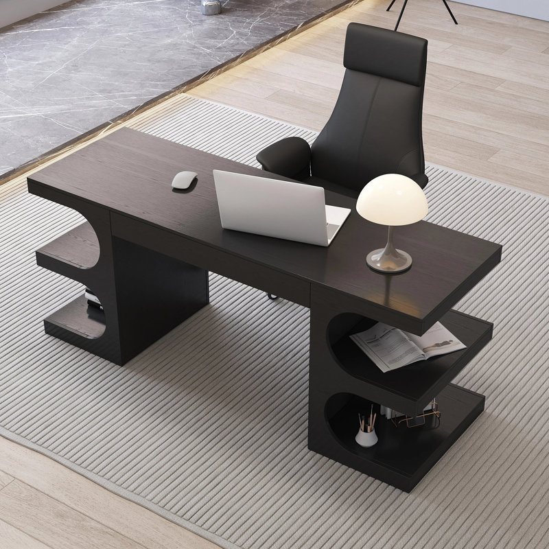 Ensemble de bureau d'écriture 64,2 po et chaise de bureau inclinable en cuir noir