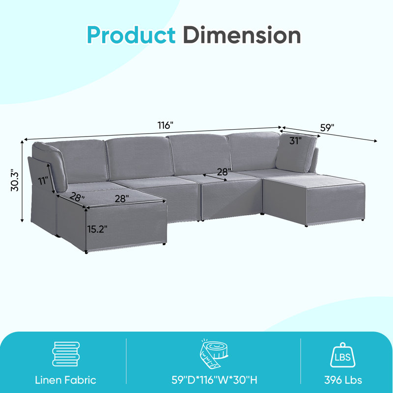 Canapé modulaire modulaire avec repose-pieds, Gris clair