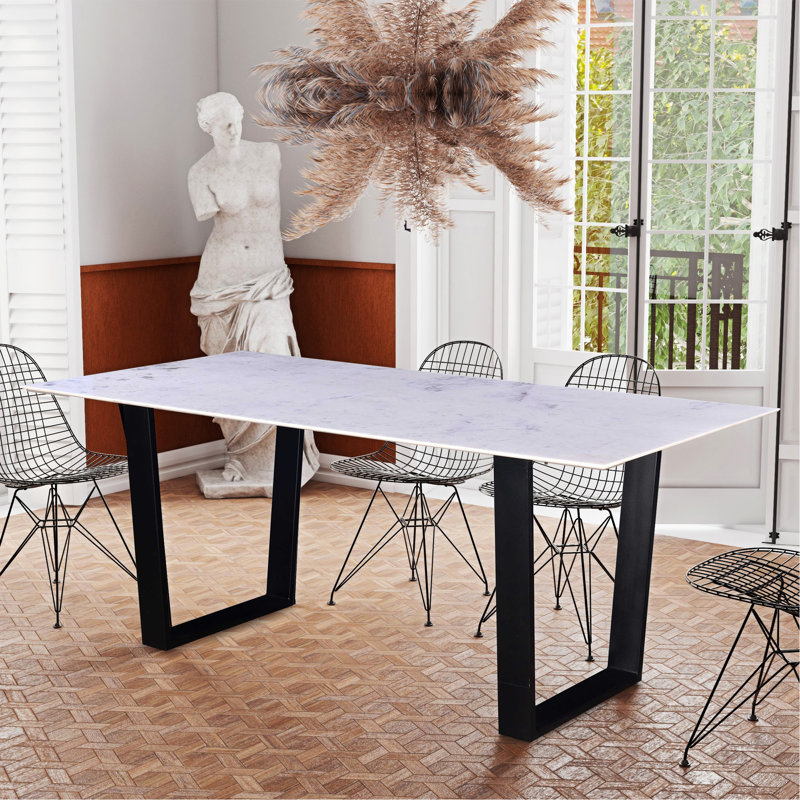 Table de salle à manger rectangulaire moderne avec plateau en marbre, base en métal robuste, noir / blanc