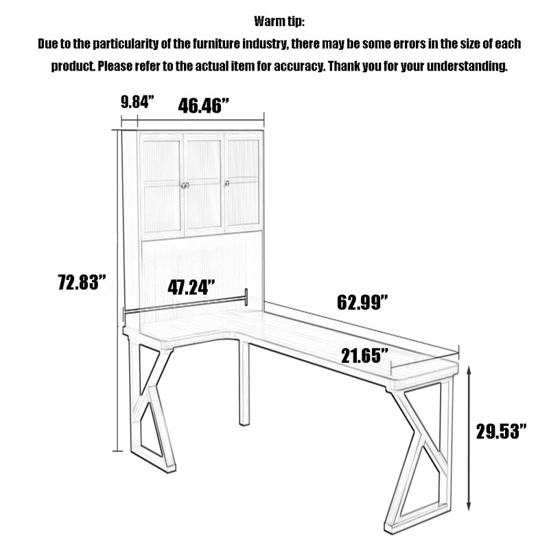 All solid wood L-shaped desk/computer desk-bookcase combo, 72.83" H x 62.99" W x 47.24" D