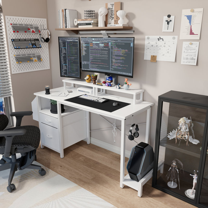 47" Computer Desk With Power Outlet,Monitor Stands,Shelves, Office Desk/Writing Table/Gaming Desk With Drawers,Large Side Pocket And Hooks,Easy To Assemble,Frame Stability Reversible