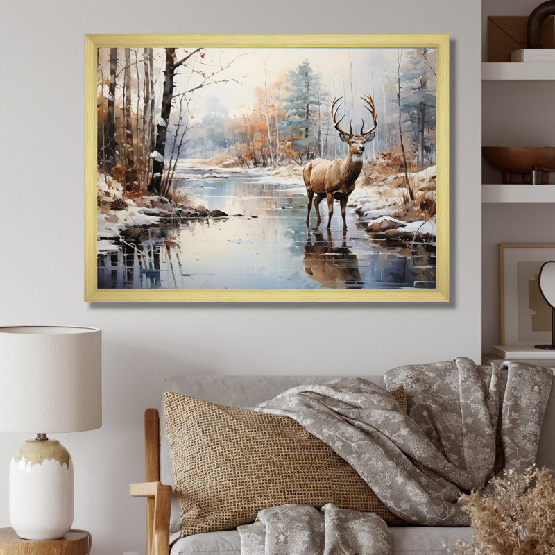 Cerf hiver sérénade - art mural grand cerf, H 30 po x l 40 po x P 1,5 po, Cadre doré simple