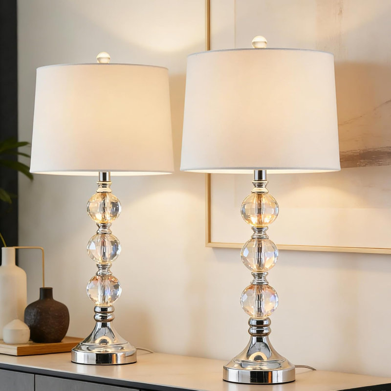 Ensemble de 2 lampes de table modernes en cristal transparent de 70 cm (27,5 po) avec abat-jour blanc et base en nickel, intensité variable à 3 niveaux, pour chambre et salon.