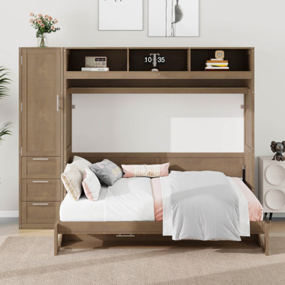 Lit escamotable double pliable avec armoire et bureau, cadre de lit en bois avec 3 tiroirs de rangement et tablettes ouvertes