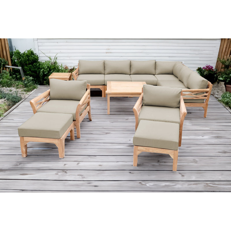 Monterey Outdoor Teak Conversation Set, 5 Pcs:  Sectional,Chair,Cushion,Table,Ottoman, Antique Beige