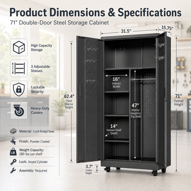 71"H Lockable Steel Storage Cabinet with Rolling Casters, Freestanding Metal Wardrobe with 3 Removable Shelves & Hanging Rod, Mobile Security Cabinet for Home, Office, Garage & Fire Department, Black