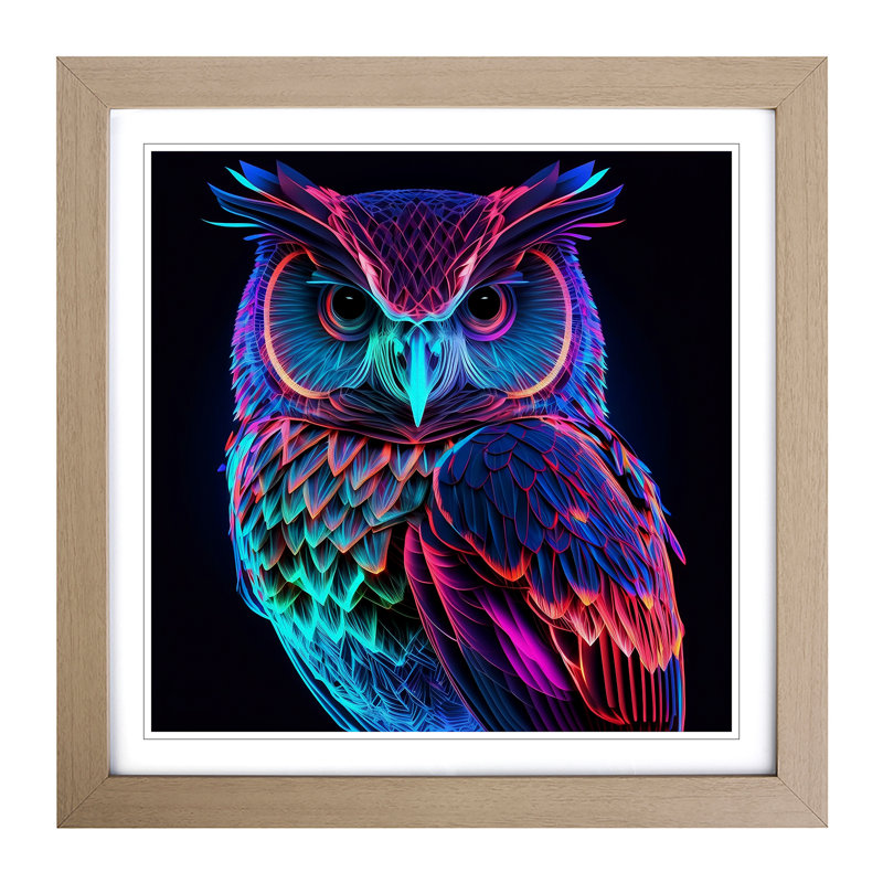 Owl Neon Art - Framed Print, Oak