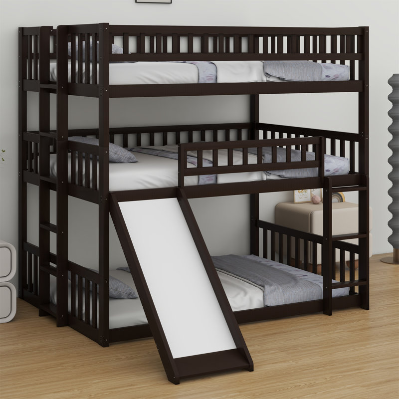 Triple Bed With Built-In Ladder,Slide And Guardrails, Espresso