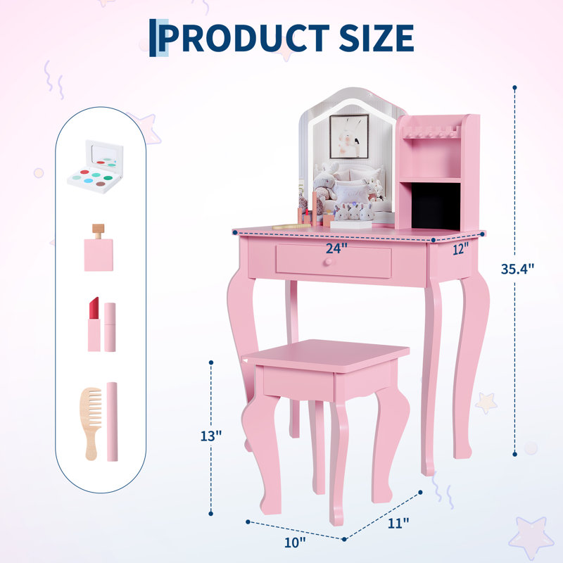 Lighted Mirror Kids Vanity Set with Stool, Pink