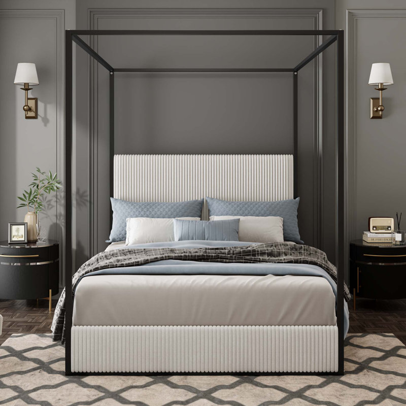 Corduroy Upholstered Canopy Bed With Tall Headboard, King, Cream/Black