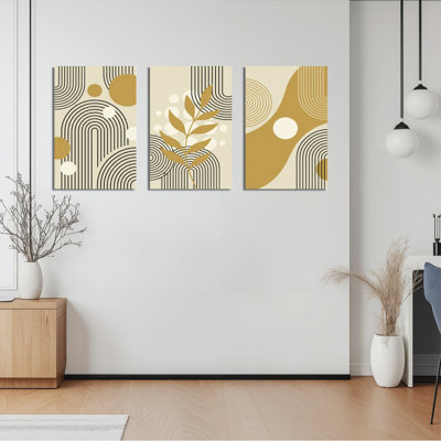 Abstract Geometric And Leaf Pattern Canvas Wrapped Wall Art Oil Painting Print Set Of 3 For Living Room Bedroom Or Office Decor