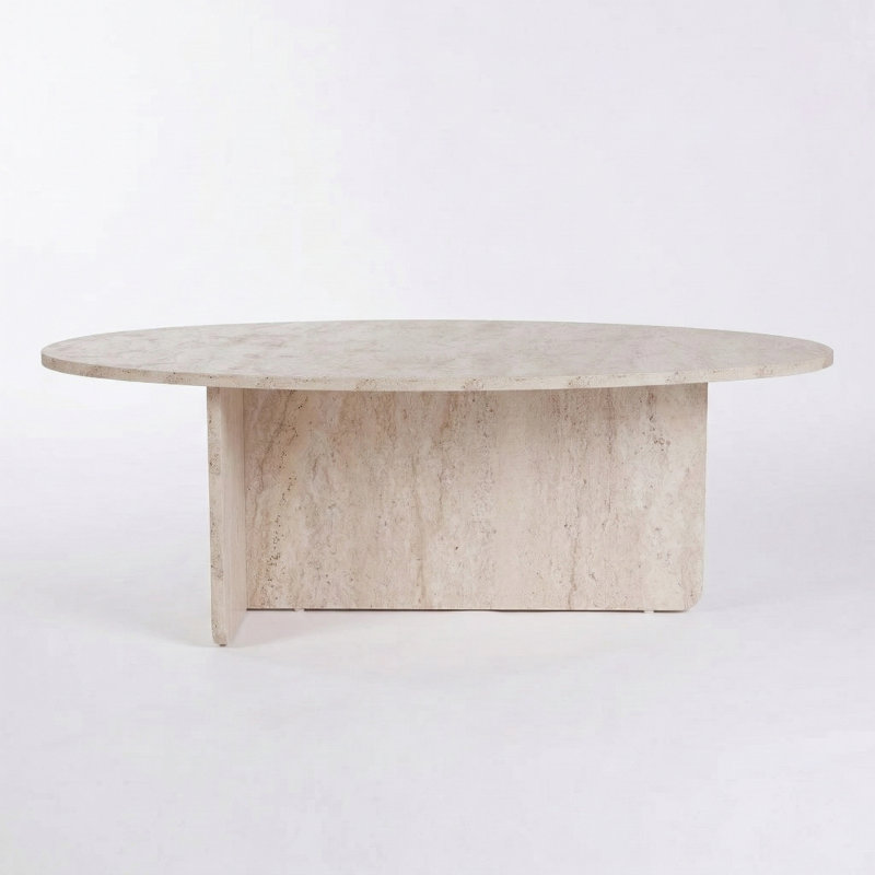 Aurelia Modern Oval Coffee Table With Architectural Slab Base, Travertine