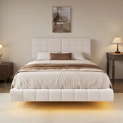 White  Boucle Floating Bed With Light