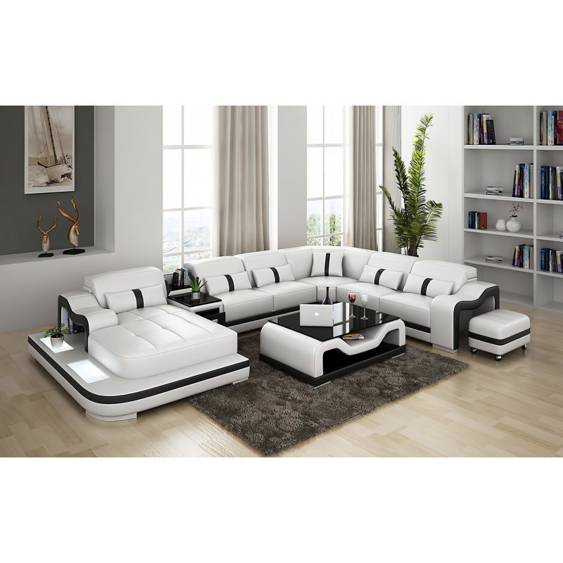 Canapé modulaire en cuir avec repose-pieds Arunvir Aphra, Accoudoir à gauche (vu de face), Cuir assorti blanc