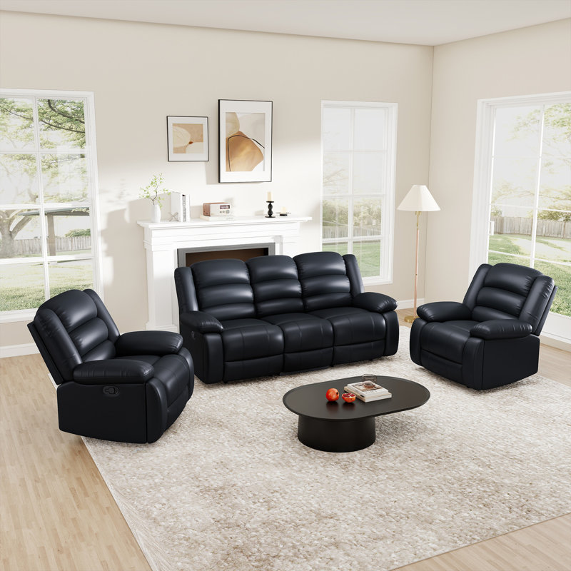 Lamyiah 3-Piece Modern and Soft Vegan Leather Manual Reclining Configurable Living Room Set, Black