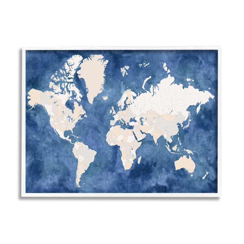 «Country Border World Map Deep Blue Ocean», impression, H 24 po x l 30 po x 1,5 po, Giclée encadrée blanc bord de mer