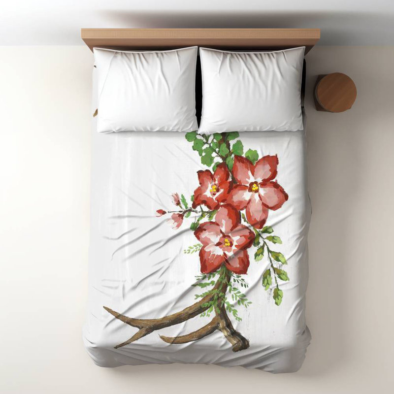 Housse de couette bohémienne brune | Décoration cornes de cerf et fleurs roses