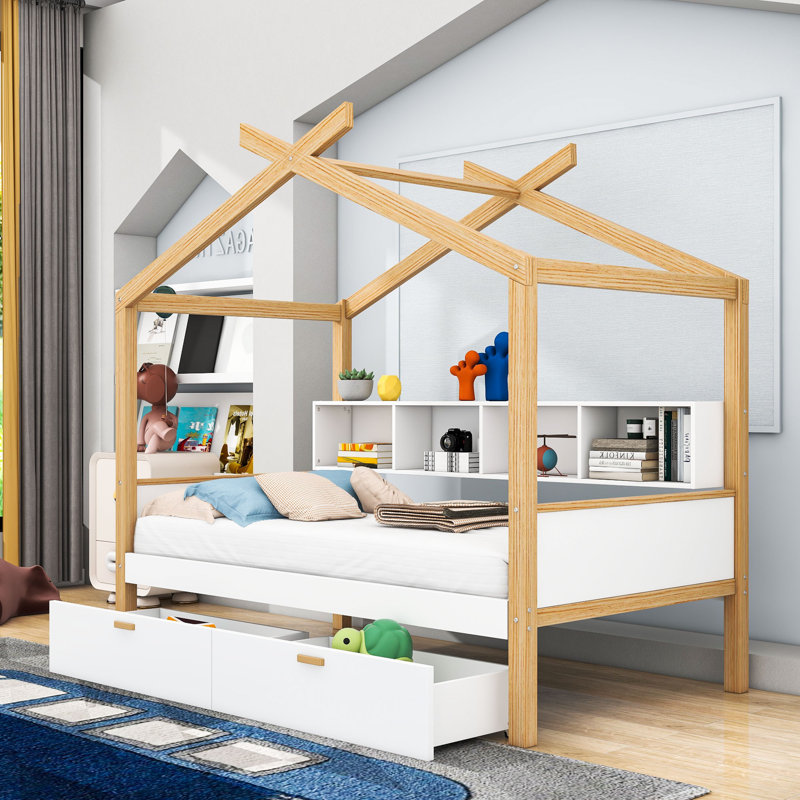 Lit maison en bois 2 tiroirs avec tablettes, Simple