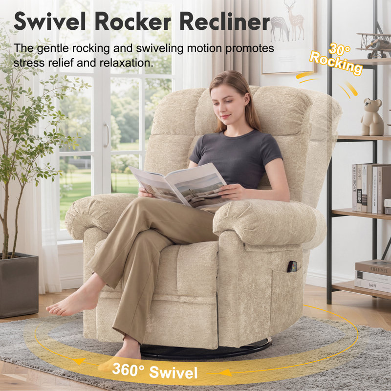 Recliner Chair, 360° Swivel Recliner with Heat & Massage, Chenille Upholstered Manual Recliners with Side Pockets, Khaki