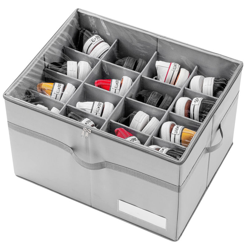 Shoe Organizer For Closet, Fits 16 Pairs, Large Shoe Box Storage Containers, Clear Foldable Shoe Storage Bins W/Bottom Support, Gray