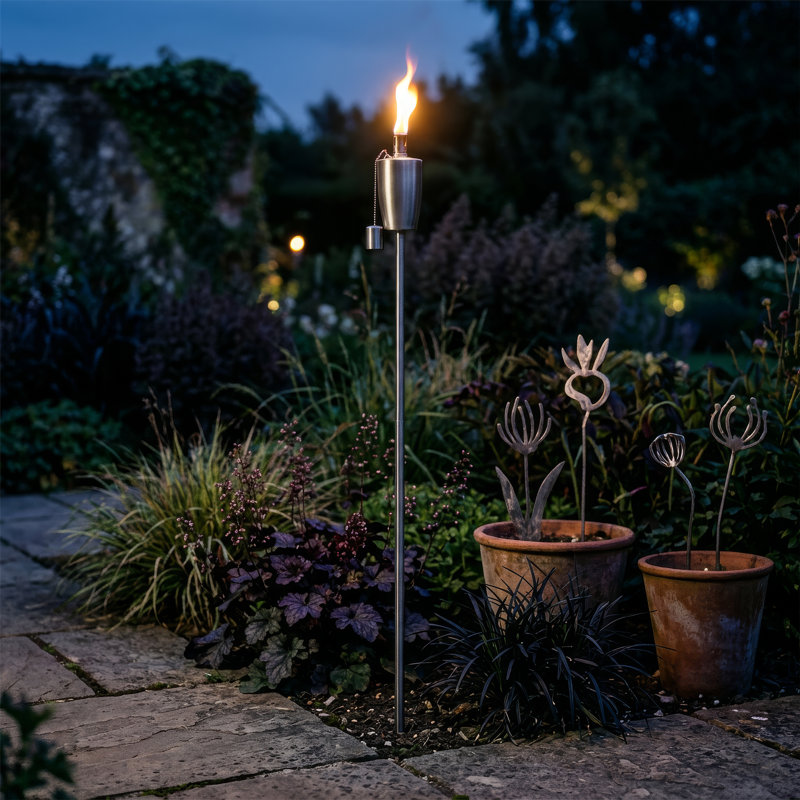 Harbour Housewares - 2x Garden Flame Torches - Metal Barrel Design, Silver