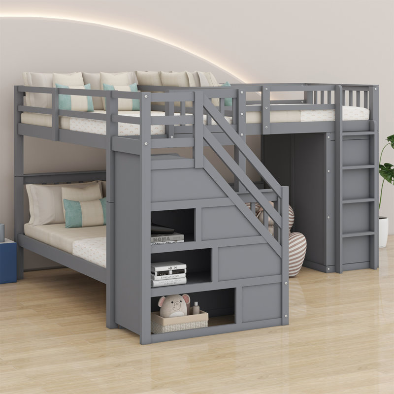 Lit superposé en L avec 3 tiroirs, bureau portable et garde-robe, Gris