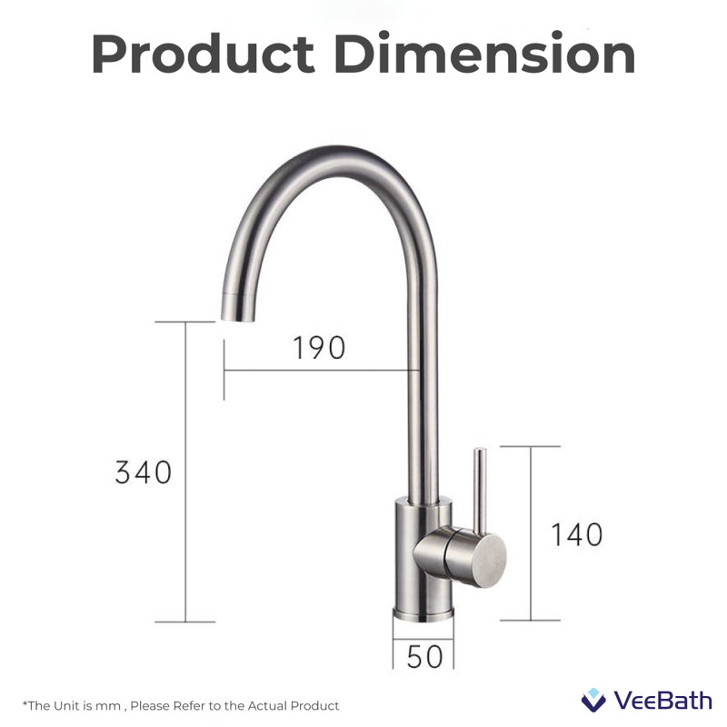 VeeBath ORBINA Velto Stainless Steel Kitchen Mixer Tap, Single Lever Sink Mixer Tap, Top Fix Deck Mounted Design, Silver