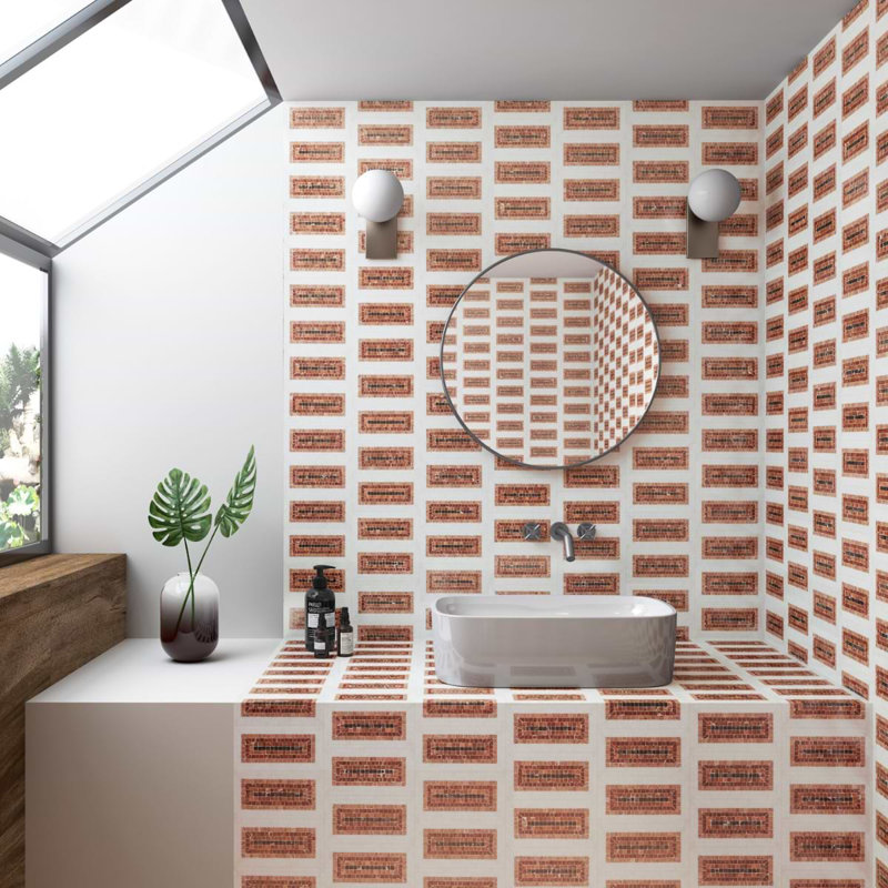 Ako 4x9 Rectangle Marble Micro Mosaic Tile, Terracotta Rosa