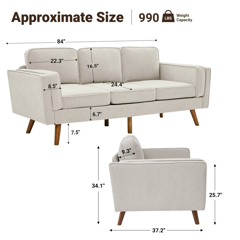Havens 84'' Mid-Century Modern Upholstered Sofa, Solid Wood Frame & Legs, 3-Seat Couch for Living Room, Khaki Chenille