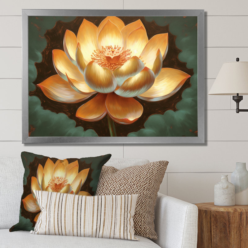 Golden Blooming Retro Lotus - impression, H 24 po x l 32 po x P 1 po, Cadre simple argenté