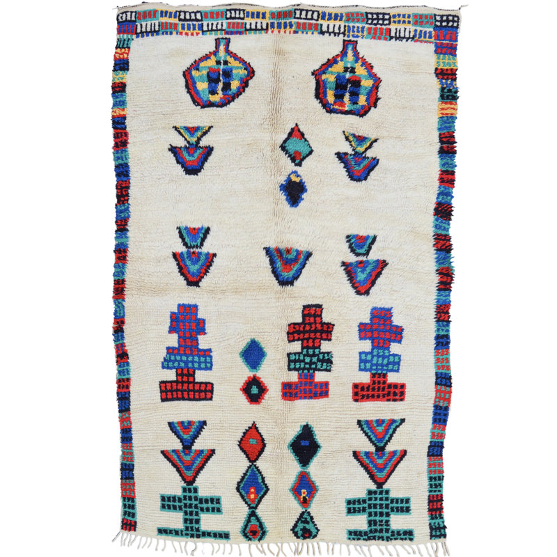 Tapis blanc cassé / vert / bleu One-of-a-Kind 4 pi 7 po x 7 pi 5 po années 1980