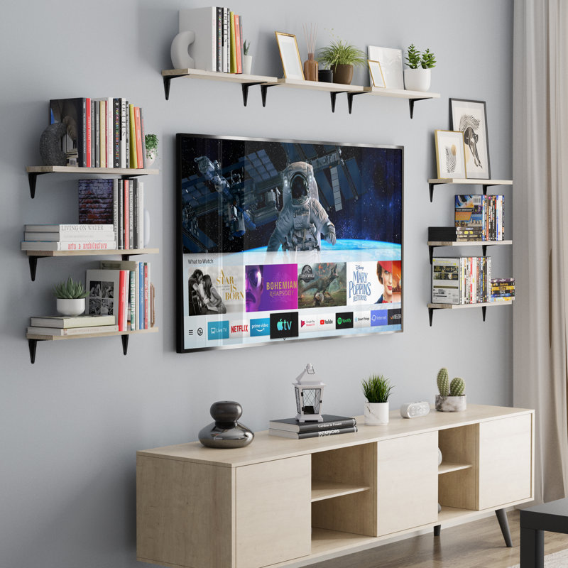 17" X 4.5" Floating Bookshelves, Real Wooden Shelves, Wall Mounted Shelves For Living Room And Home Organization, Decorative Shelves, Rustic & Scandinavian Decor, Room Organization, Hanging, Natural, 20 Pcs