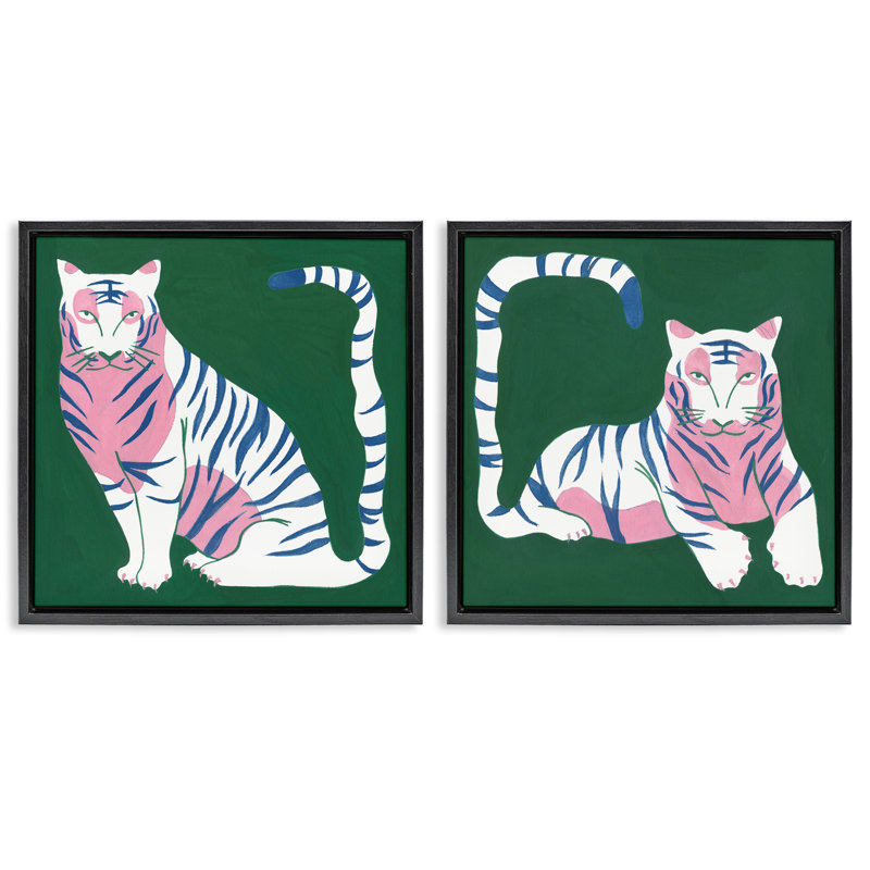 Ensemble de 2 cadres flottants Fierce Lounging Tigers, design par Melissa Wang, Cadre flottant noir de jais