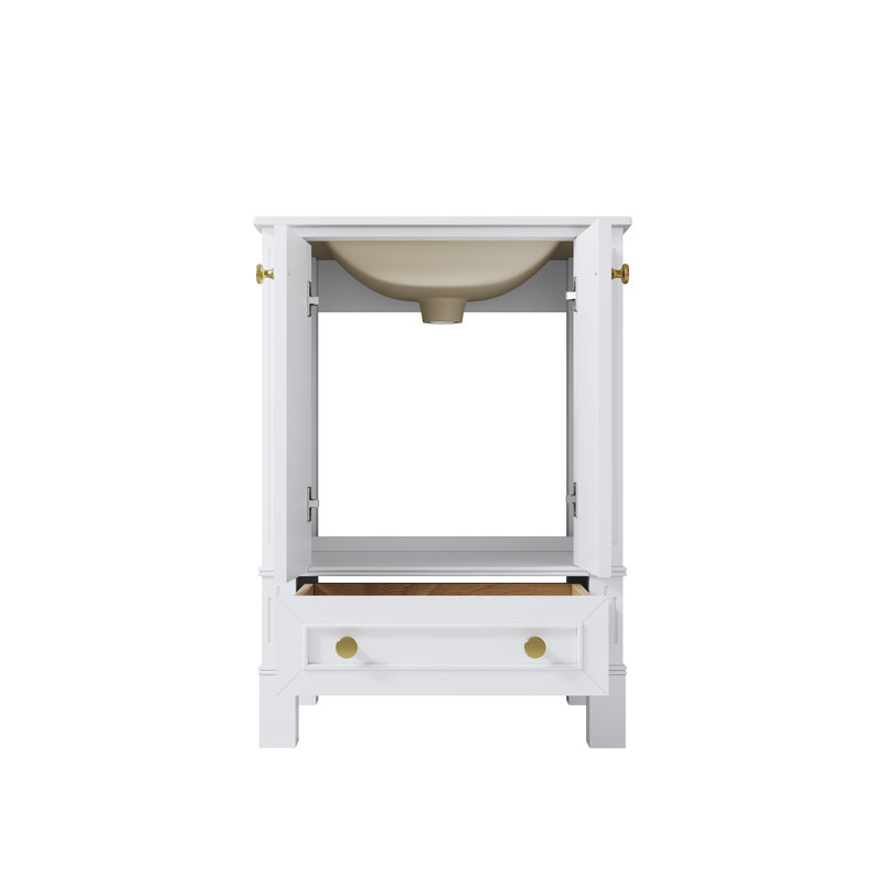 Meuble-lavabo blanc en bois massif l 24 po x H 34,1 po avec lavabo en céramique Cupc, charnières à fermeture en douceur et poignées en aluminium anodisé doré