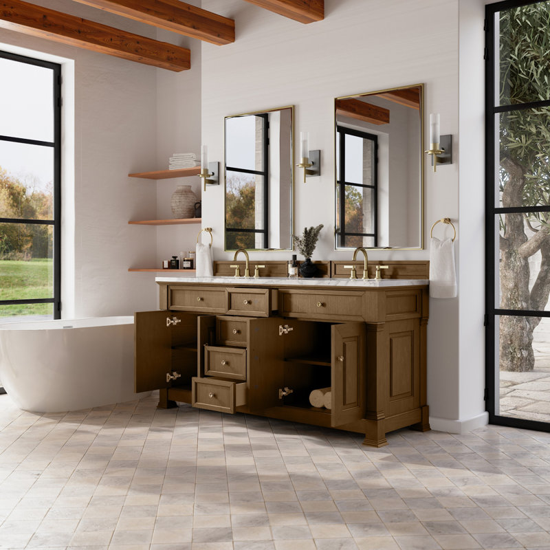 Brookfield 72'' W Double Vanity, Carrara White, Honey Oak