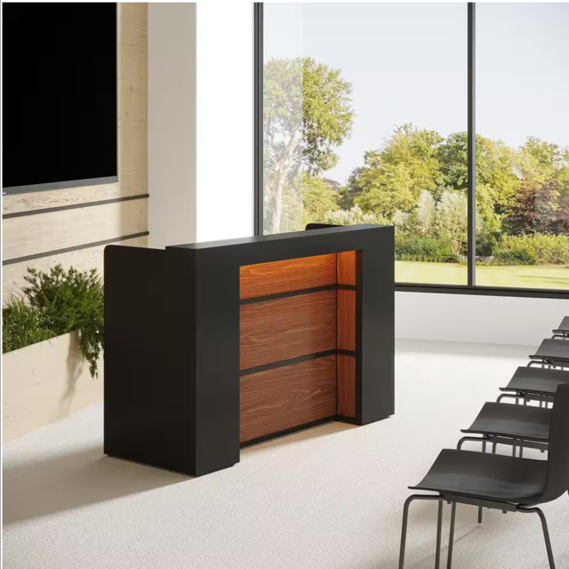 Bureau de réception moderne de 63 po avec lumières à DEL, comptoir avant avec rangement pour le hall d'entrée, le salon de beauté, le magasin de détail, la clinique ou la caisse - finition noire et brun rustique