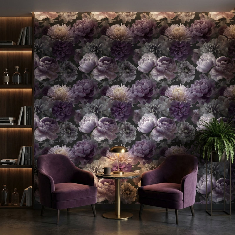 Papier peint floral mauve moderne, Non-collé