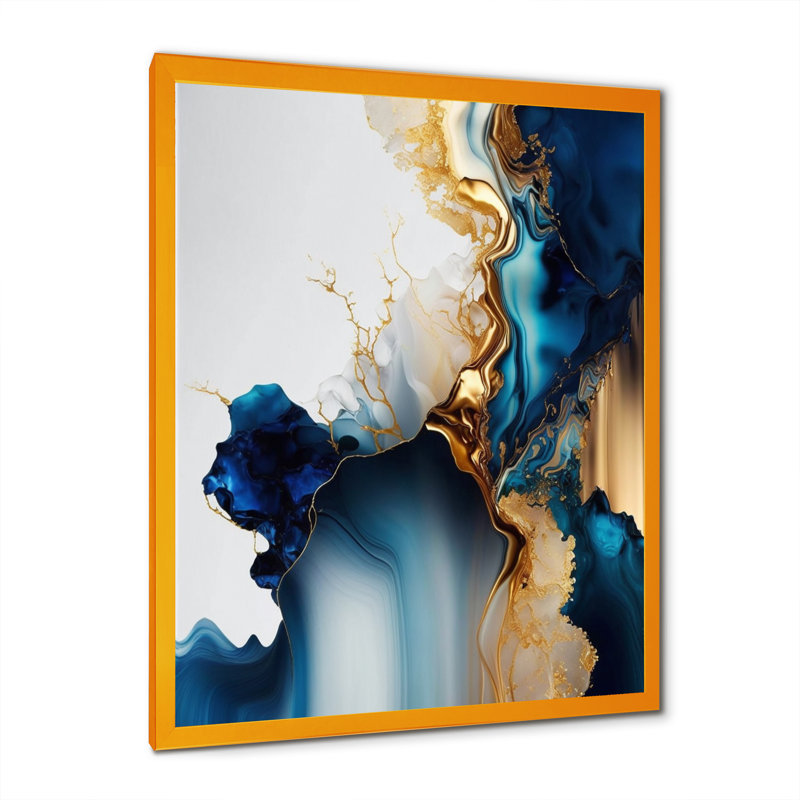 Géode abstraite, marbre doré et bleu I - Art mural abstrait en marbre, L 12 po x H 20 po, Impression dorée sur toile encadrée