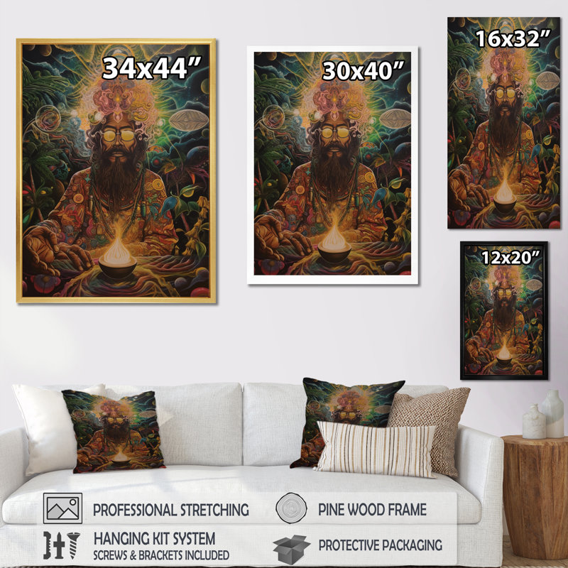 Chaman contemporain Amazon Sagesse sur toile, Cadre flottant noir, 40" H x 30" W