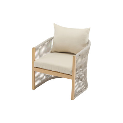 Chaise longue d'extérieur incurvée moderne en aluminium beige avec motif tissé à la corde, fauteuil de patio résistant aux intempéries avec coussins pour le porche, le jardin, la cour et la vie intérieure