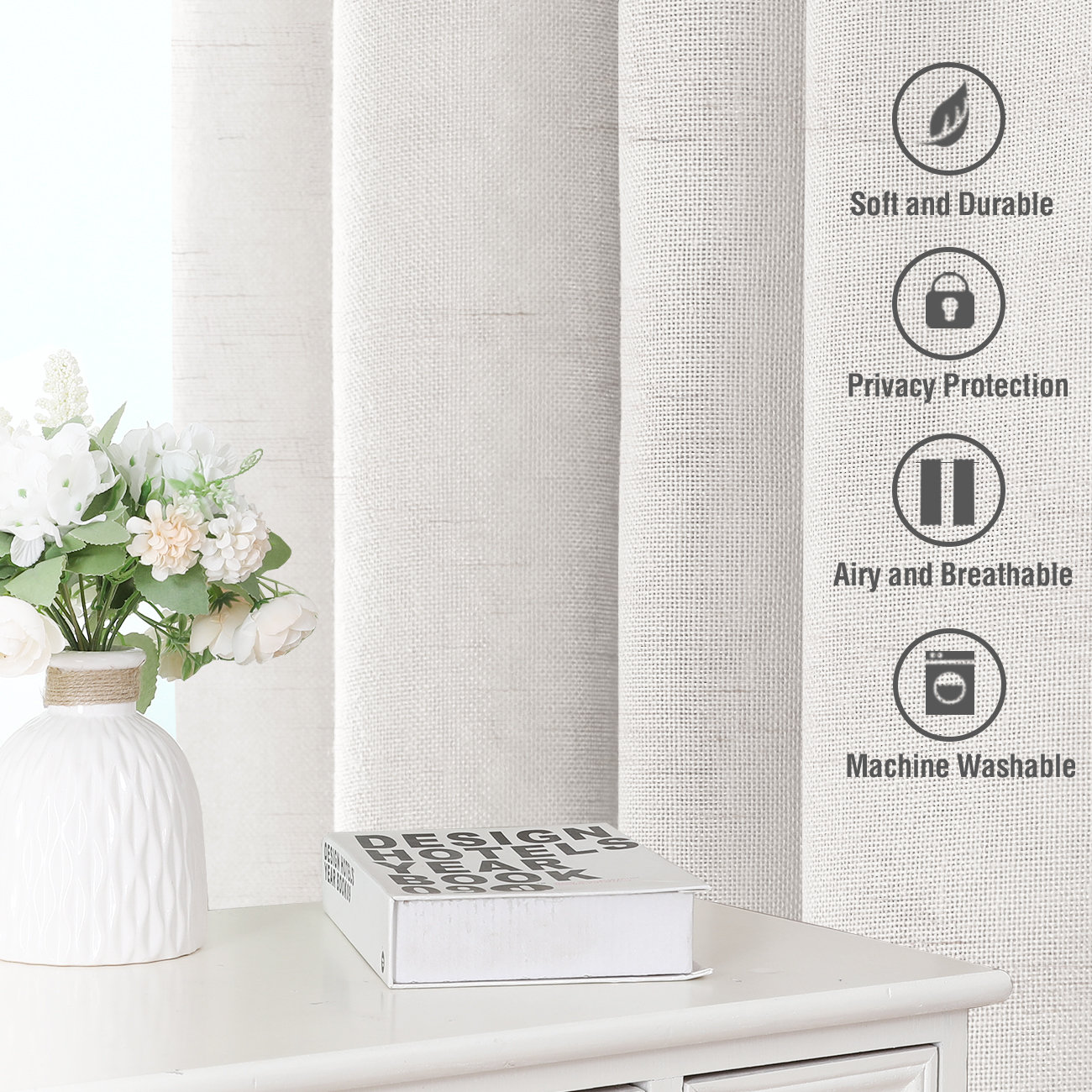 Linen Semi-Sheer Curtain Panel Set, Heathered White, 52" W x 96" L