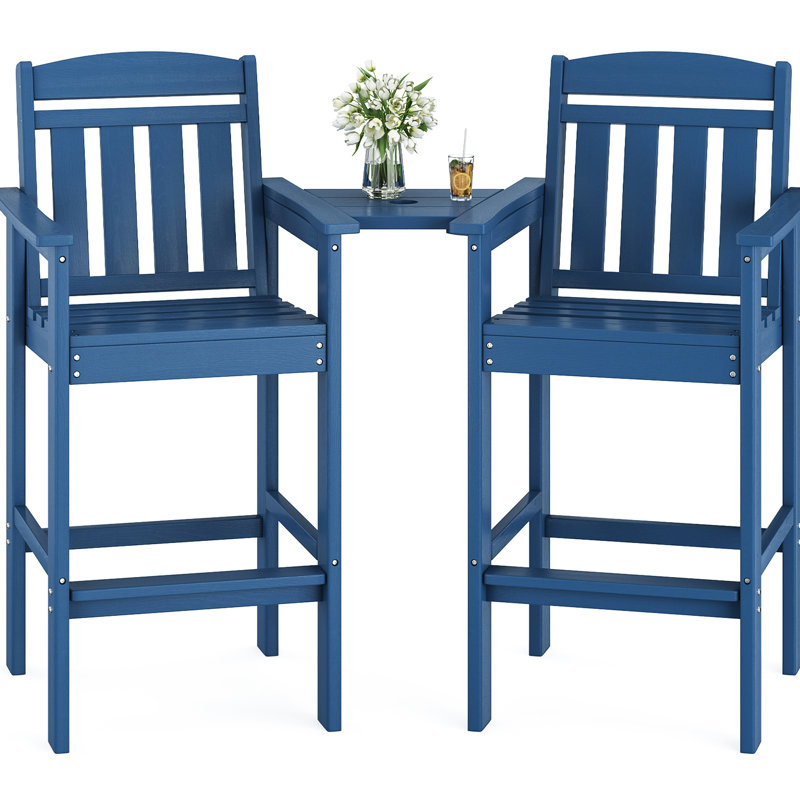 Grandes chaises de 2, bleu, plateau amovible, trou de parasol, grain de bois, idéal pour les sièges extérieurs, patio bleu, avec plateau et cour facile à assembler