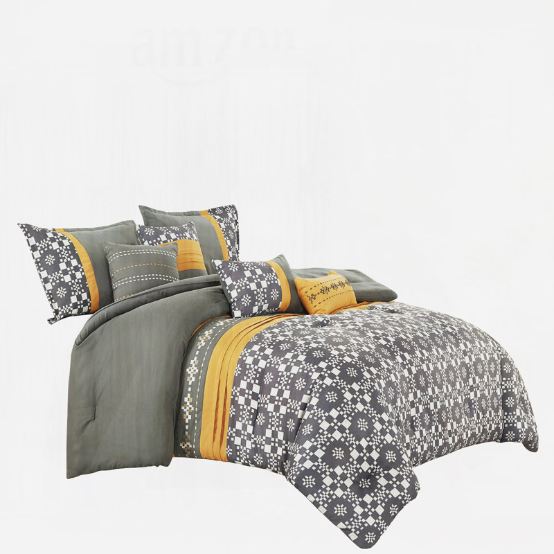 Ensemble d'édredon 7 pièces avec broderie et imprimé, microfibre douce, 100% polyester, collection de literie toutes saisons