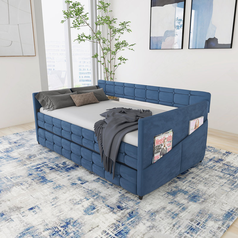 Lit de jour bleu rembourré avec lit gigogne, tissu en velours