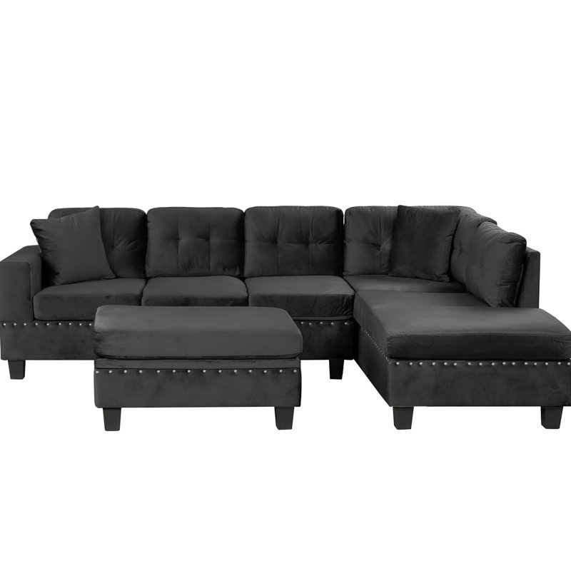 Canapé modulaire de 105 po avec repose-pieds avec rangement, canapé en L avec 2 coussins et porte-gobelets, canapé modulaire avec méridienne réversible pour le salon, noir
