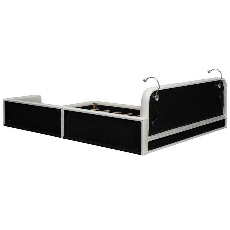 Cozy Queen Size Platform Bed With Built-In Reading Lamps - White Lights For Relaxation, White