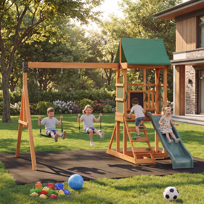 Portique en bois avec 2 balançoires, glissade d'eau ondulée, échelle d'escalade, tour de jeux avec abri et tableau noir, aire de jeux extérieure en cèdre massif pour enfants