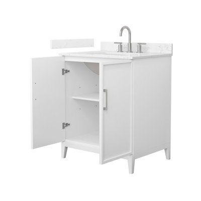 Elan 30 Inch Single Bathroom Vanity in White, Carrara Cultured Marble Countertop, Undermount Square Sink (3-Hole), Brushed Nickel Trim