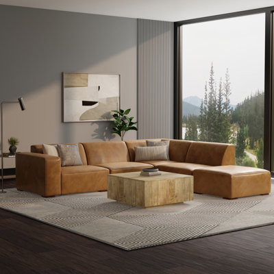 Rex Sectional Modular Sofa and Ottoman Set 116-inch-wide L-Shaped Leather Sofa and Matching 34-inch-wide Table Ottoman for Living Room